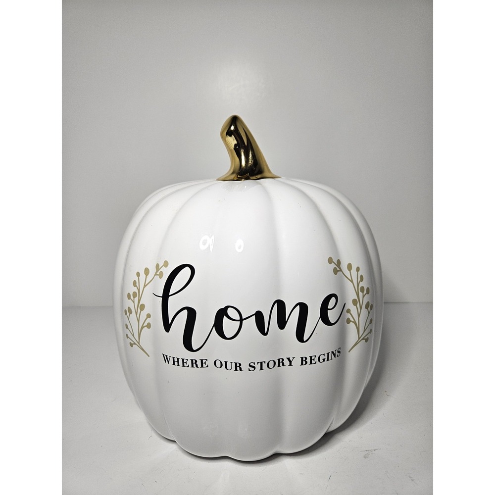 White Ceramic Pumpkin Home Where Our Story Begins Gold Stem Fall Decor Figurine